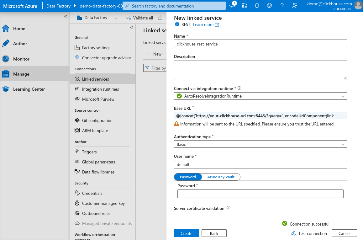 New Linked Service Check Connection