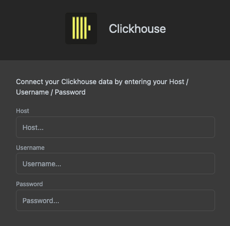 Formulário de configuração de conexão do Luzmo mostrando campos para host, nome de usuário e senha do ClickHouse