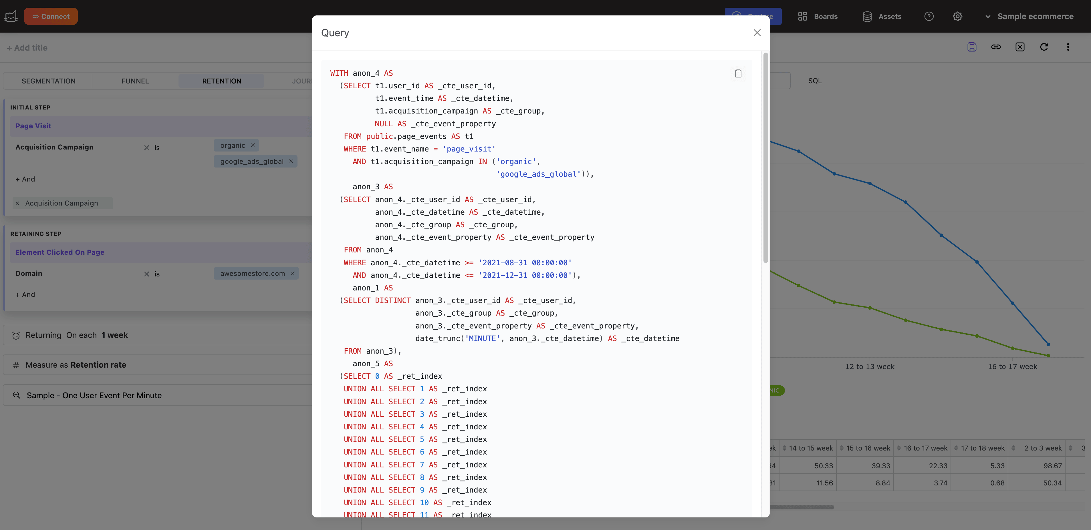 显示原生 ClickHouse 查询的 Mitzu SQL 代码生成视图