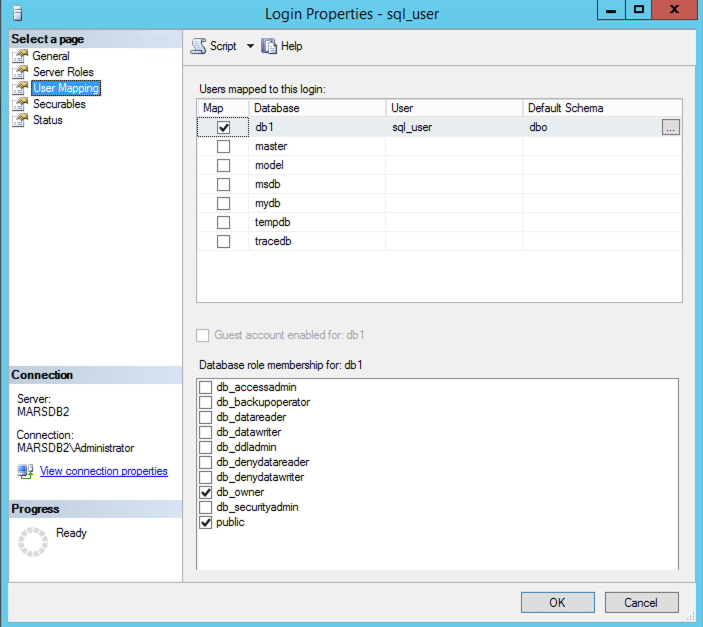 أدوار عضوية قاعدة البيانات في MSSQL